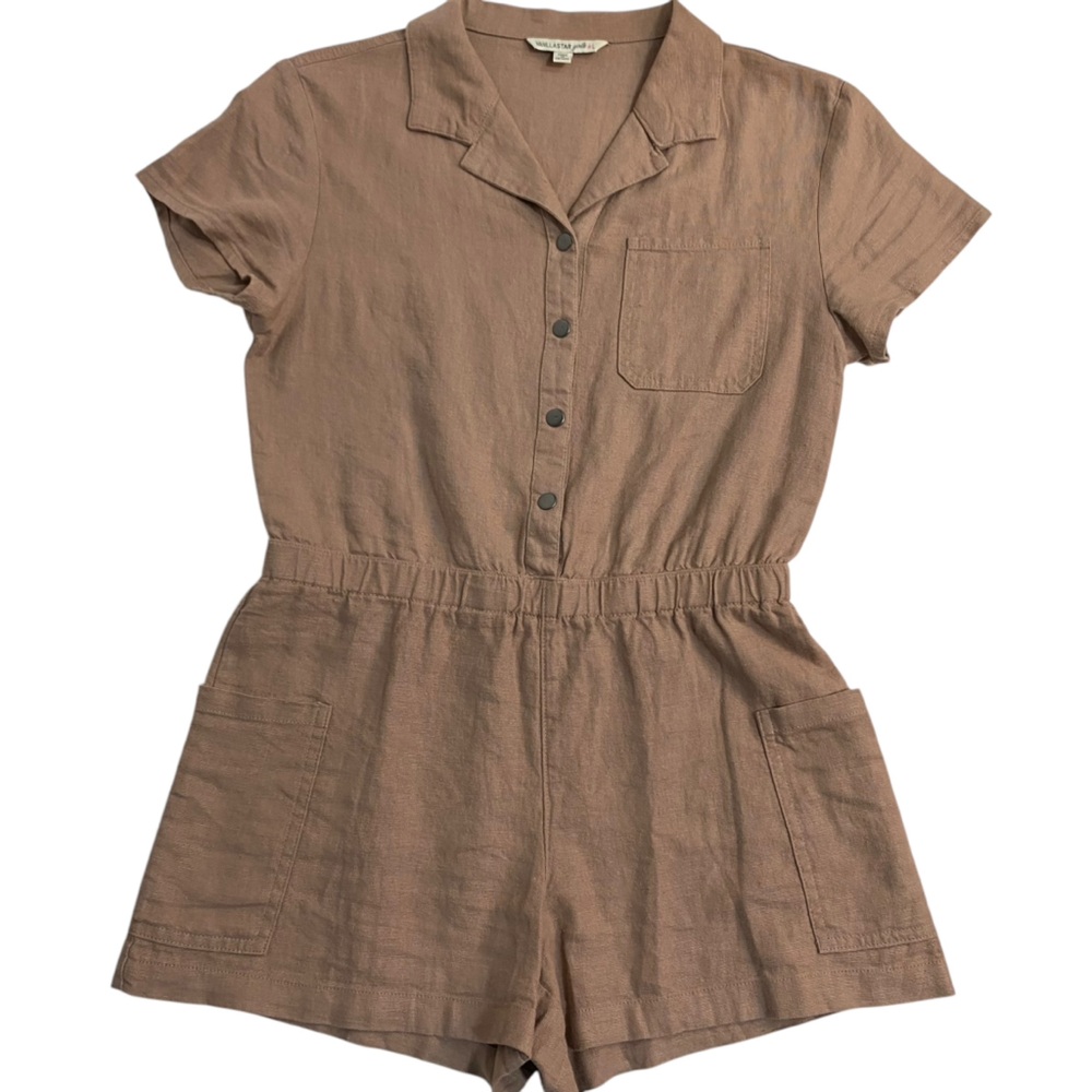 Vanilla Star Kids Romper Shorts Jumpsuit Tan Linen Size Large Short Sleeve